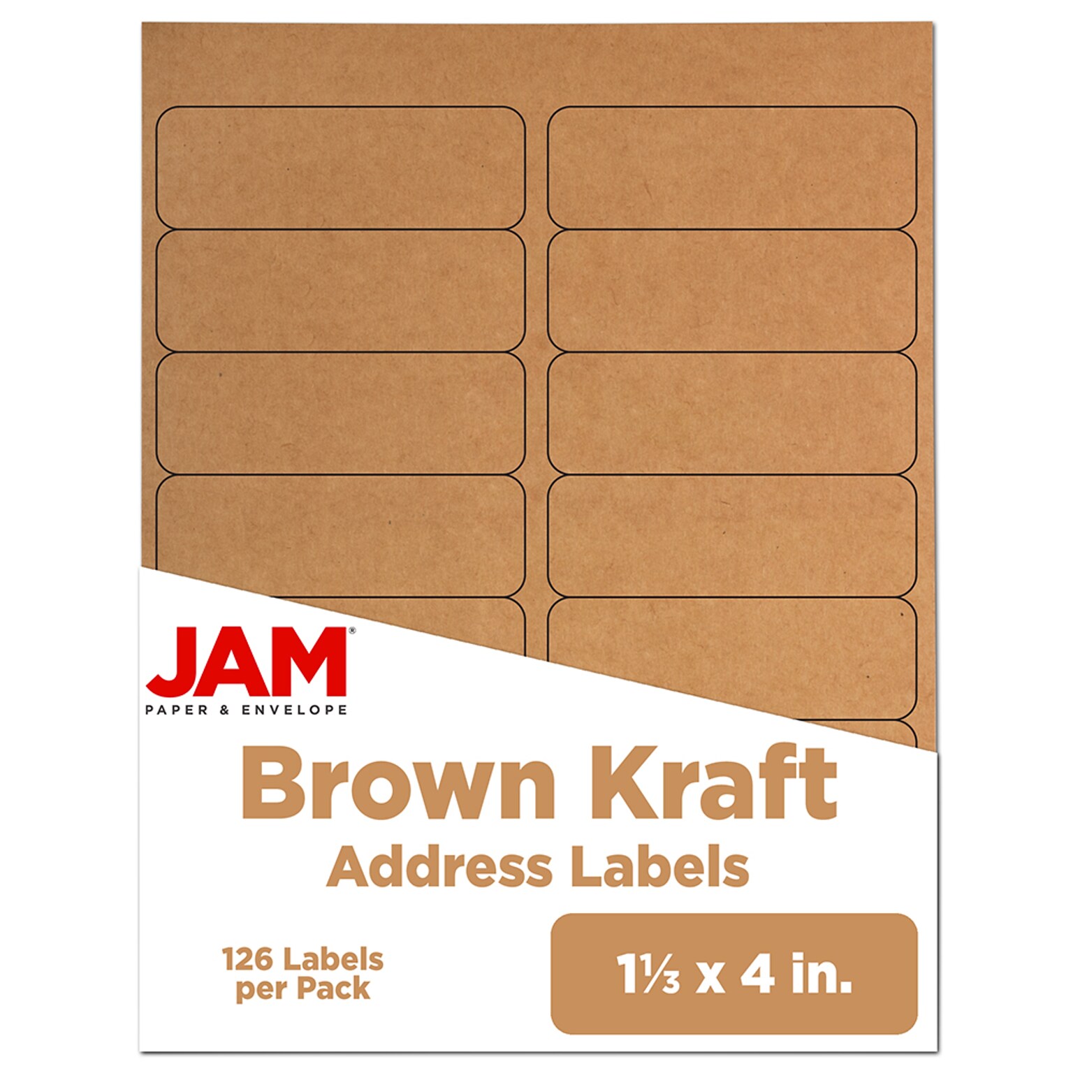 JAM Paper Address Labels, 1 1/3 x 4 , Brown Kraft, 14 Labels/Sheet, 9 Sheets/Pack (359330336)