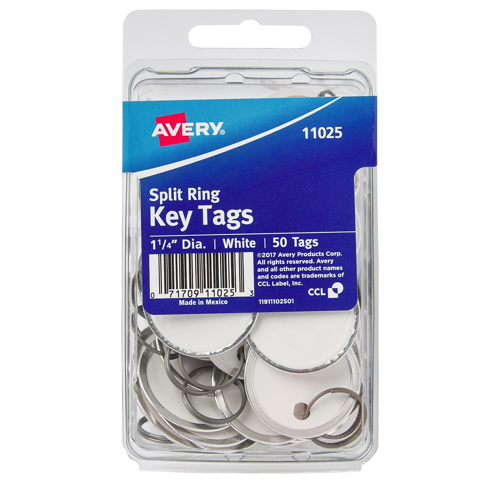 Avery Split Ring Metal Rim Paper Key Tags, 1-1/4 Diameter, White, 50/Pack (11025)