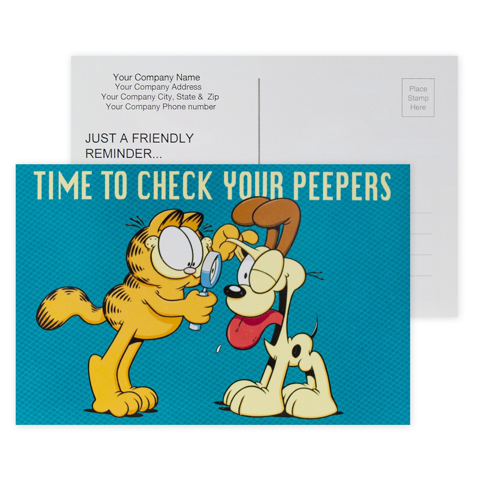 Custom Full Color Postcards, Garfield Check Peepers, 4 x 6, 12 pt. Coated Front Side Stock, Flat Print, Horiz, 2-Sided, 100/Pk