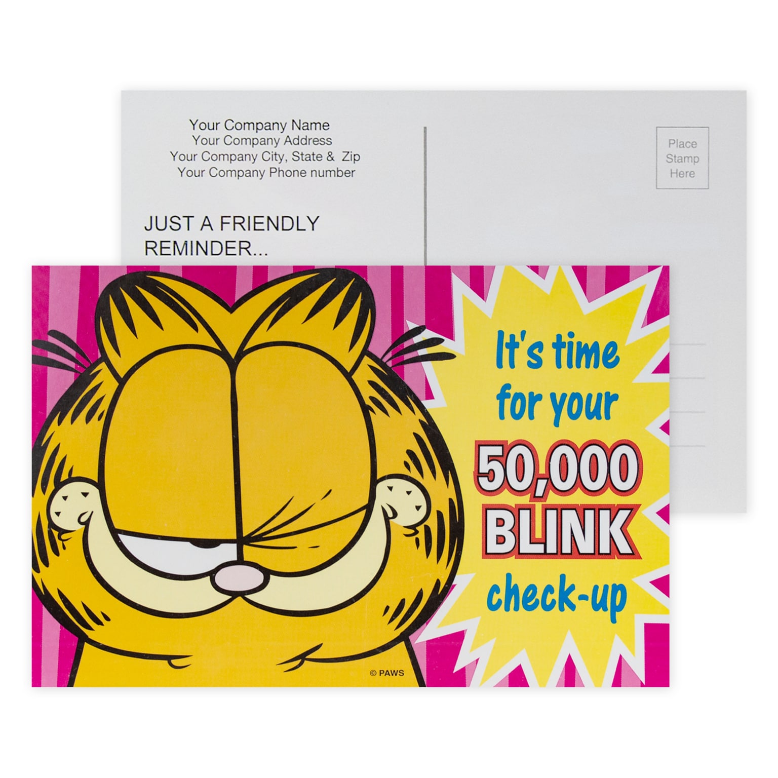 Custom Full Color Postcards, Garfield 50,000 Blinks, 4 x 6, 12 pt. Coated Front Side Stock, Flat Print, Horiz, 2-Sided, 100/Pk