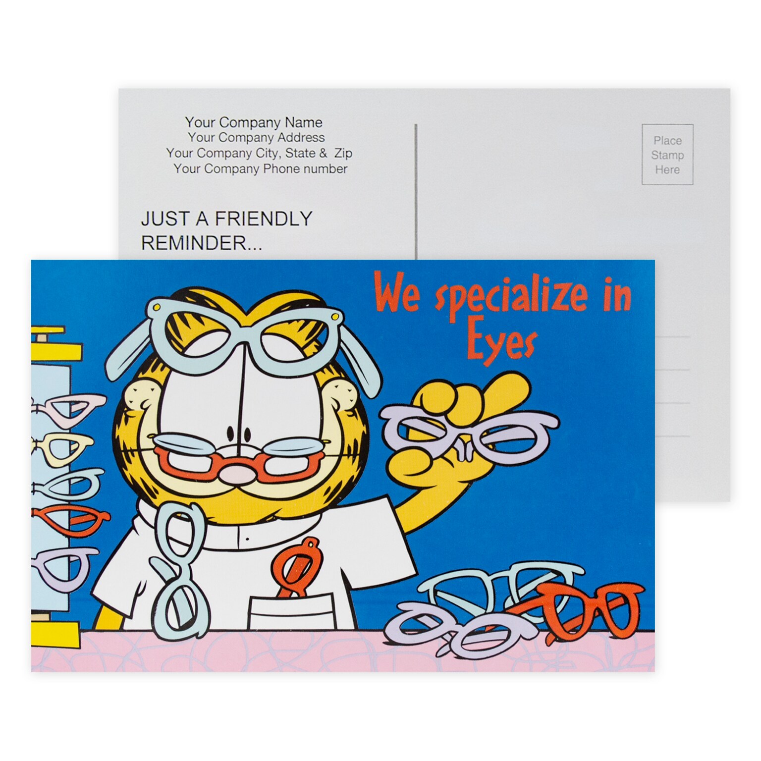 Custom Full Color Postcards, Garfield Specialize Eyes, 4 x 6, 12 pt. Coated Front Side Stock, Flat Prnt, Horiz, 2-Side, 100/Pk