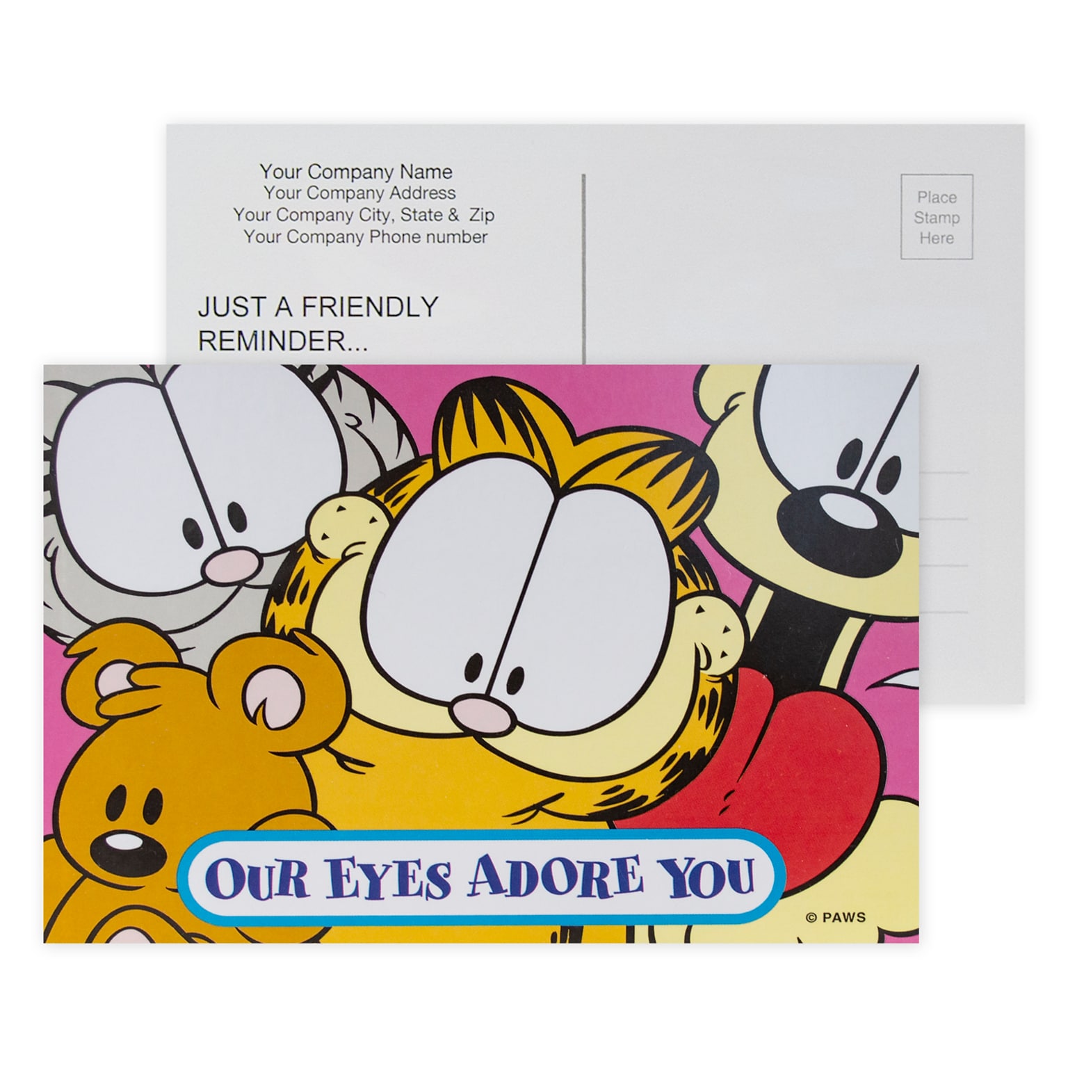 Custom Full Color Postcards, Garfield Eyes Adore You, 4 x 6, 12 pt. Coated Front Side Stock, Flat Print, Horiz, 2-Side, 100/Pk
