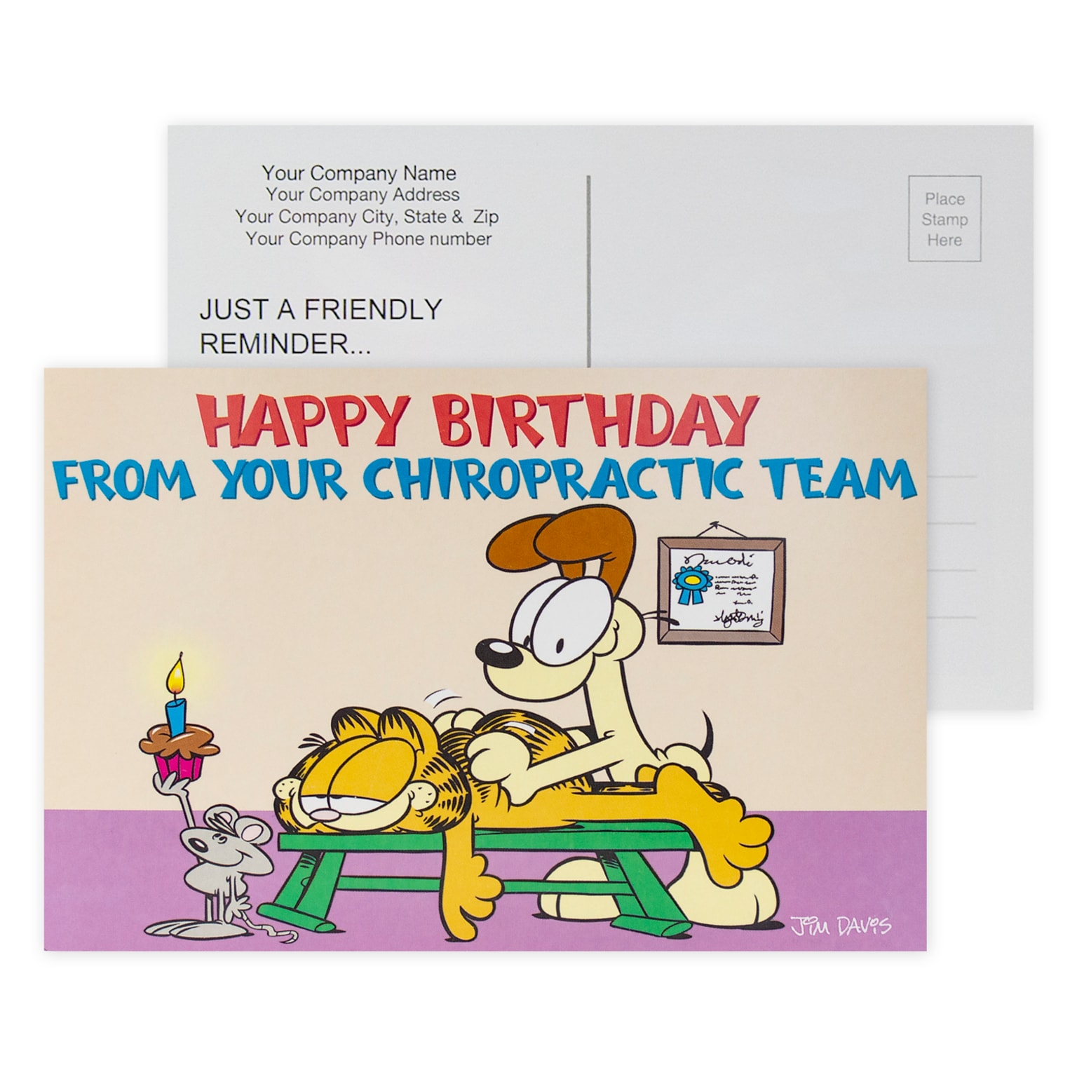 Custom Full Color Postcards, Garfield Chiro. Birthday, 4 x 6, 12 pt. Coated Front Side Stock, Flat Prnt, Horiz, 2-Side, 100/Pk