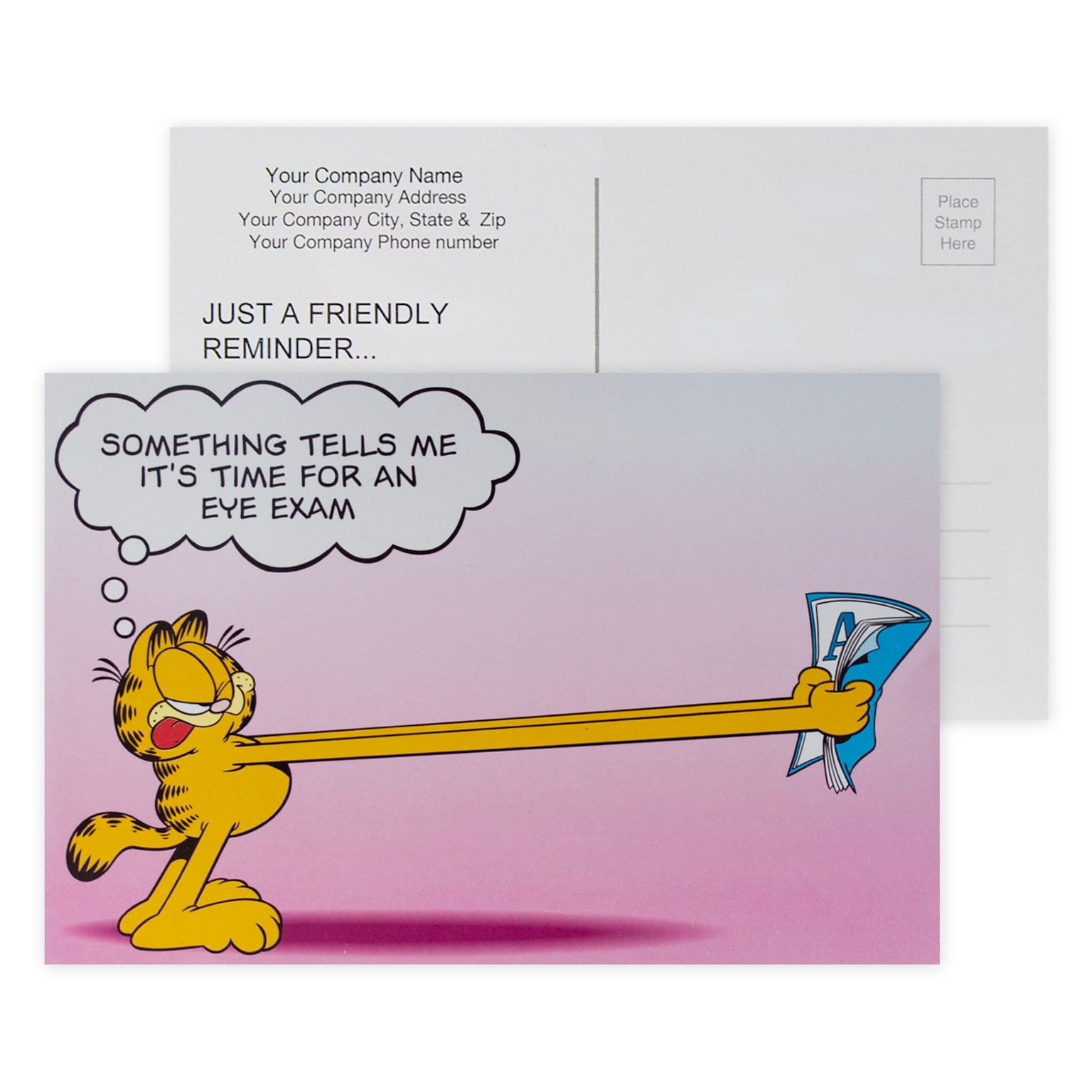 Custom Full Color Postcards, Garfield Something Tell, 4 x 6, 12 pt. Coated Front Side Stock, Flat Print, Horiz, 2-Side, 100/Pk