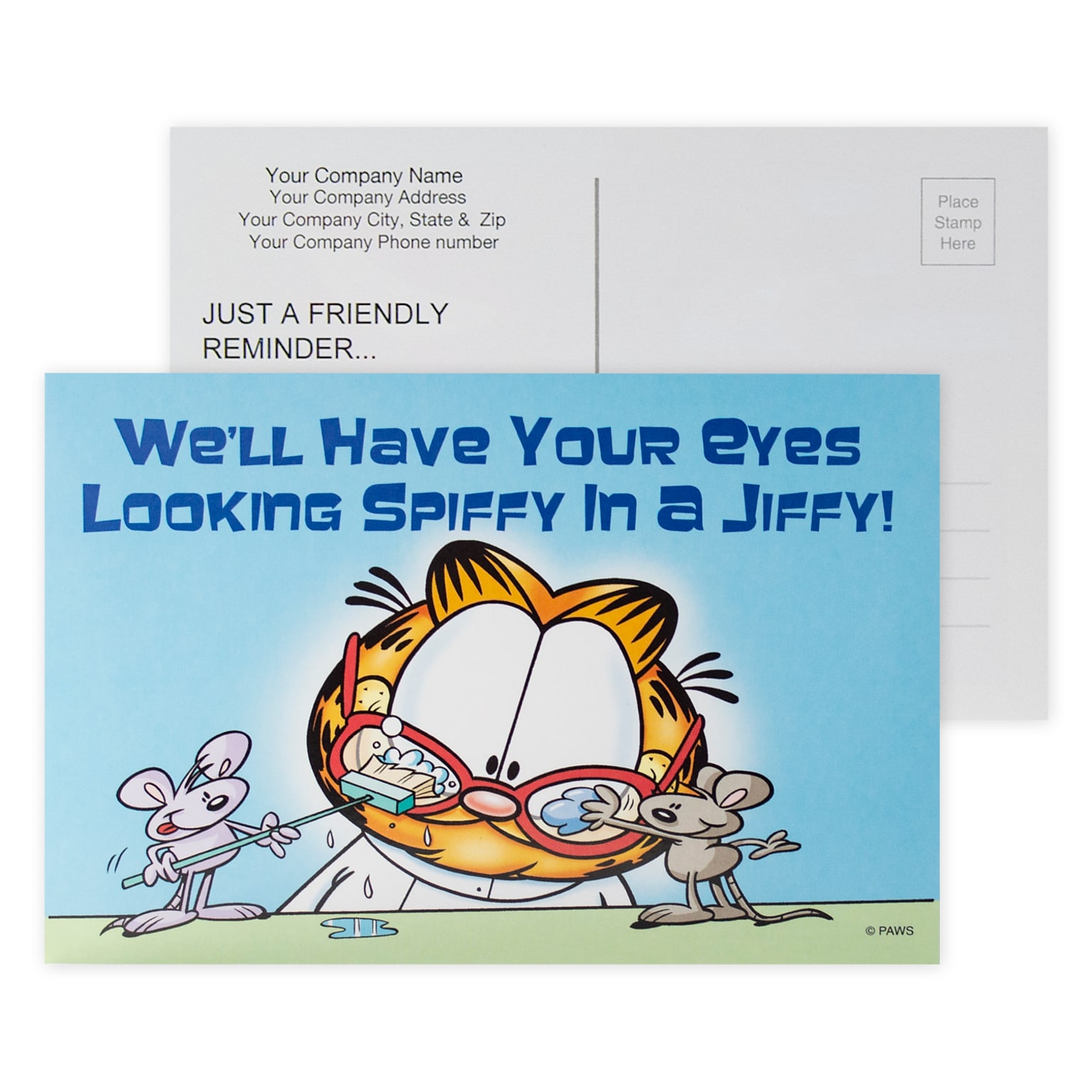 Custom Full Color Postcards, Garfield Spiffy Eyes, 4 x 6, 12 pt. Coated Front Side Stock, Flat Print, Horiz, 2-Sided, 100/Pk