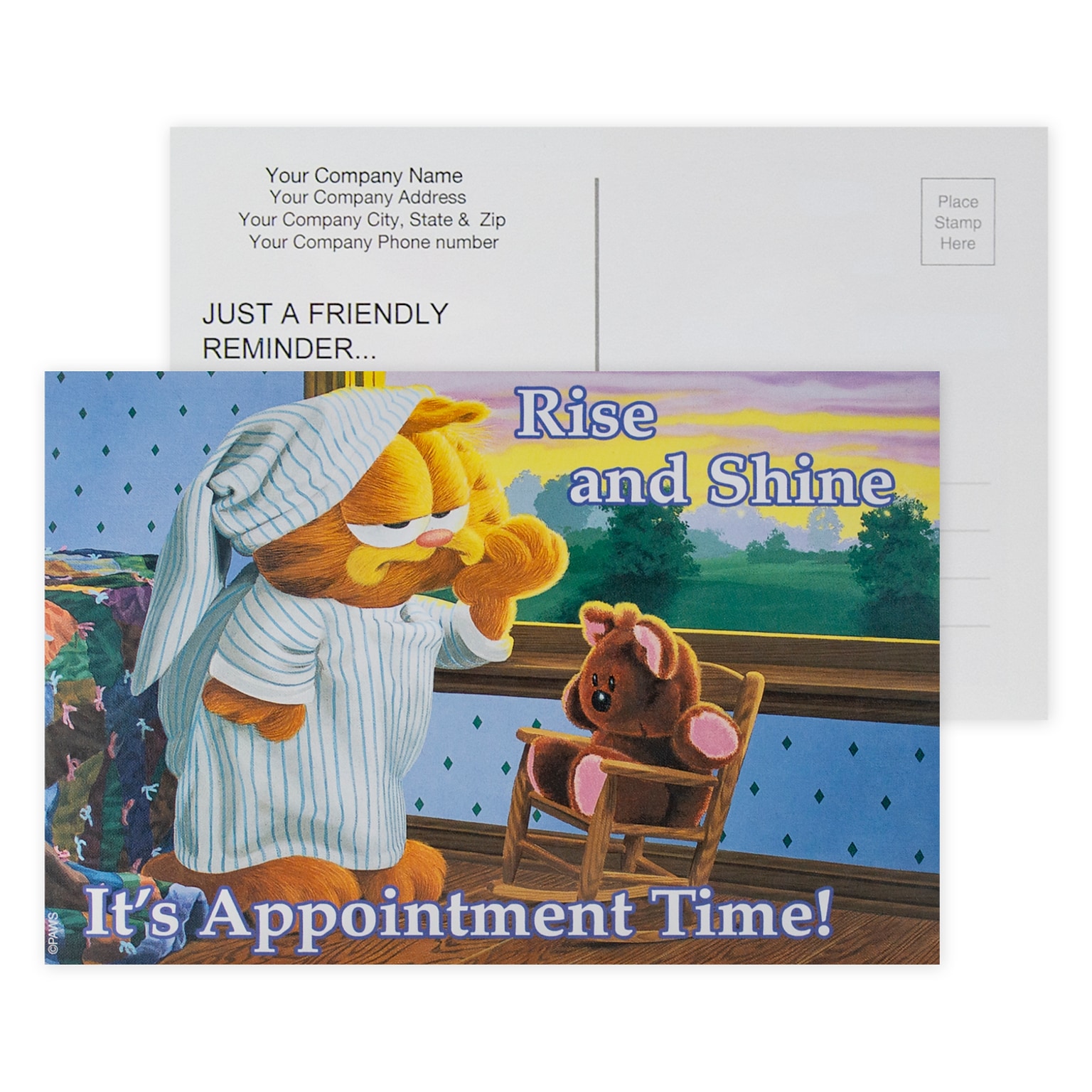 Custom Full Color Postcards, Garfield Rise and Shine, 4 x 6, 12 pt. Coated Front Side Stock, Flat Print, Horiz, 2-Side, 100/Pk