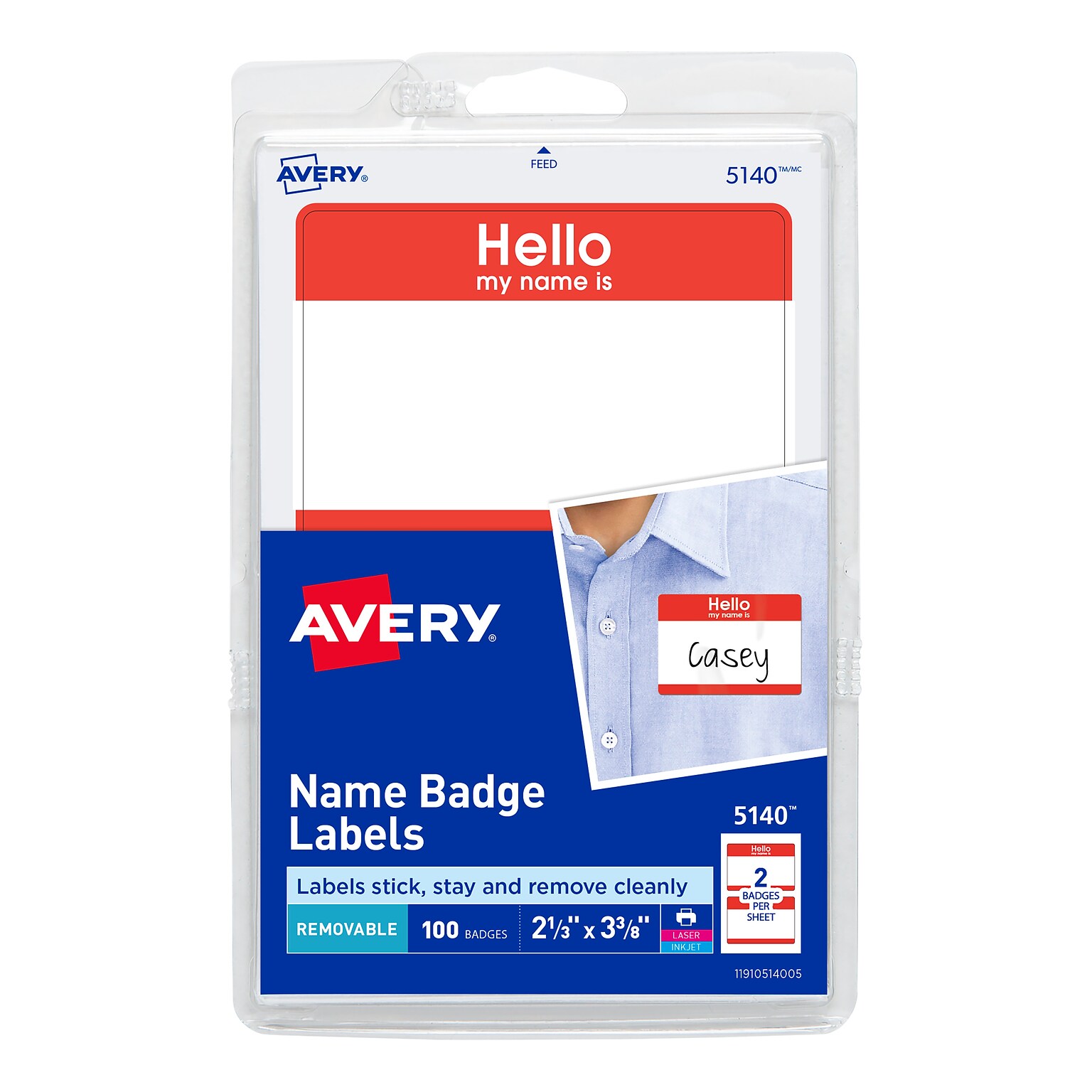 Avery Hello Sticker Name Badge Labels, 2-1/3 x 3-3/8, White w/ Red Border, 100/Pack (5140)