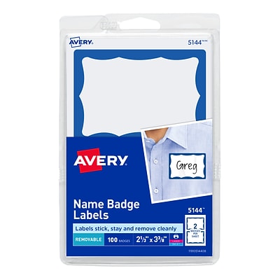 Avery Laser/Inkjet Sticker Name Badge Labels, 2 1/3 x 3 3/8, White w/ Blue Border, 100 Labels Per Pack (5144)