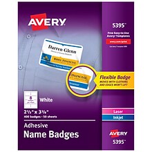 Avery Flexible Laser/Inkjet Name Badge Labels, 2 1/3 x 3 3/8, White, 400 Labels Per Pack (5395)