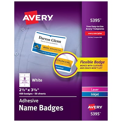 Avery Adhesive Laser/Inkjet Name Badges, 2 1/3 x 3 3/8, White, 400 Labels Per Pack (5395)