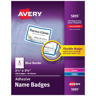 Avery Flexible Laser/Inkjet Name Badge Labels, 2 1/3 x 3 3/8, White with Blue Border, 400 Labels P