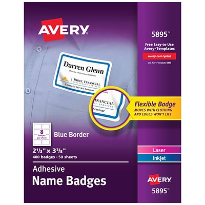 Avery Adhesive Name Badges, 2-1/3 x 3-3/8, White w/ Blue Border, 400/Pack (5895)