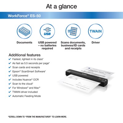 Epson WorkForce ES-50 Portable Document Scanner, Black (B11B252201)