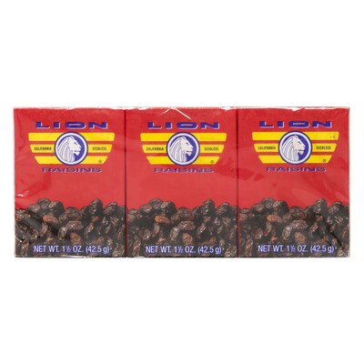 Lion California Seedless Raisins, 1.5 oz., 3 Packs/Box, 36/Pack (308-01001)