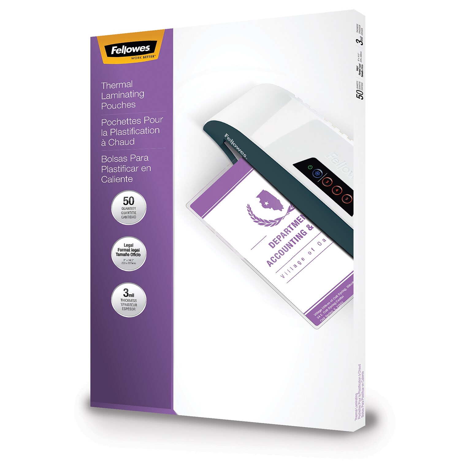 Fellowes Thermal Laminating Pouches, Legal Size, 3 Mil, 50/Pack (52226)