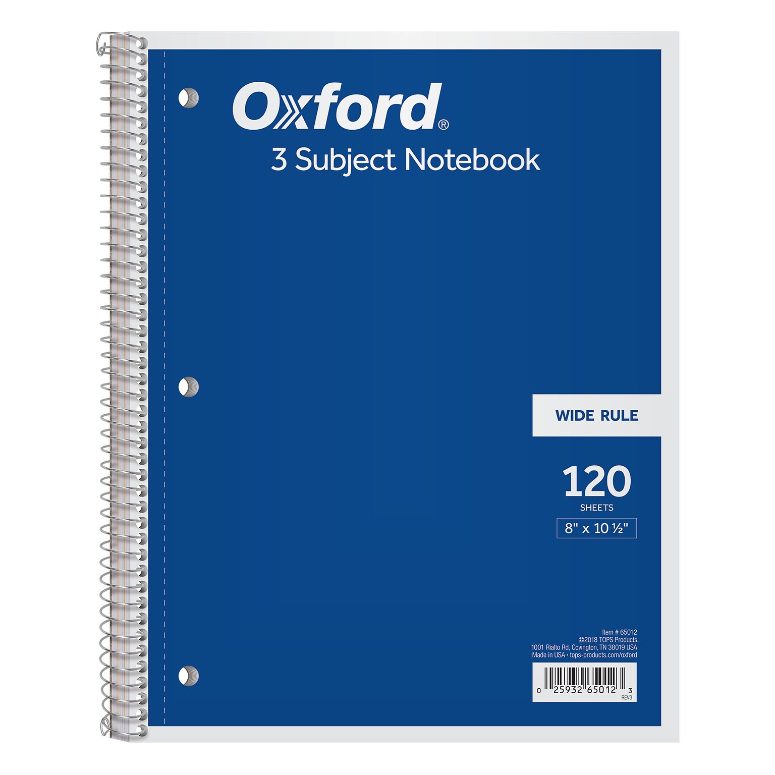 Oxford 3-Subject Notebooks, 8 x 10.5, Wide Ruled, 120 Sheets, Each (65012)