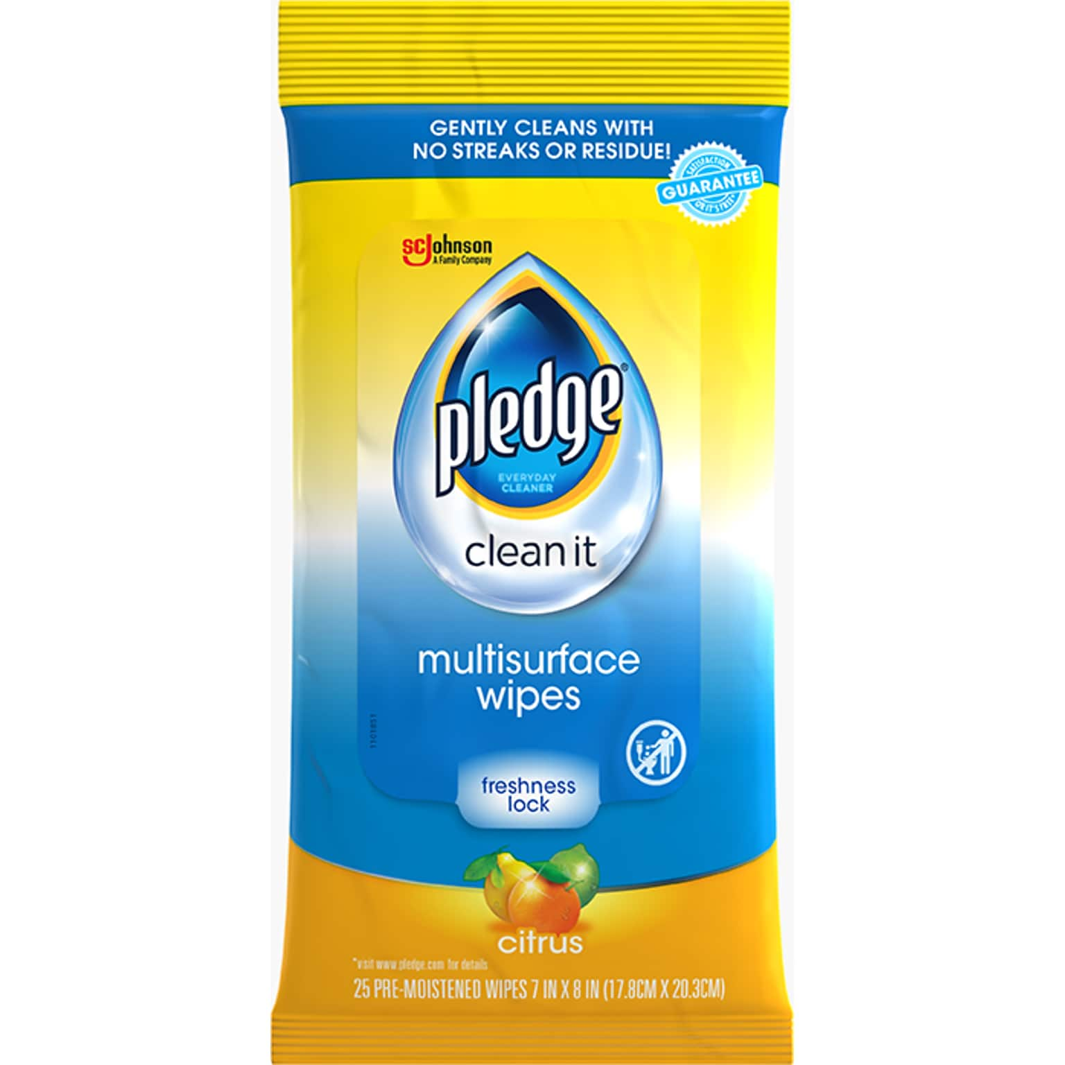 Pledge Clean it Multi-Surface Cleaner Wet Wipes, Citrus Scent, 25/Pack, 12 Packs/Carton (336274CT)