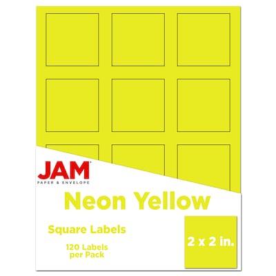 JAM Paper Square Labels, 2 x 2, Neon Yellow, 12 Labels/Sheet, 10 Sheets/Pack (367831073)