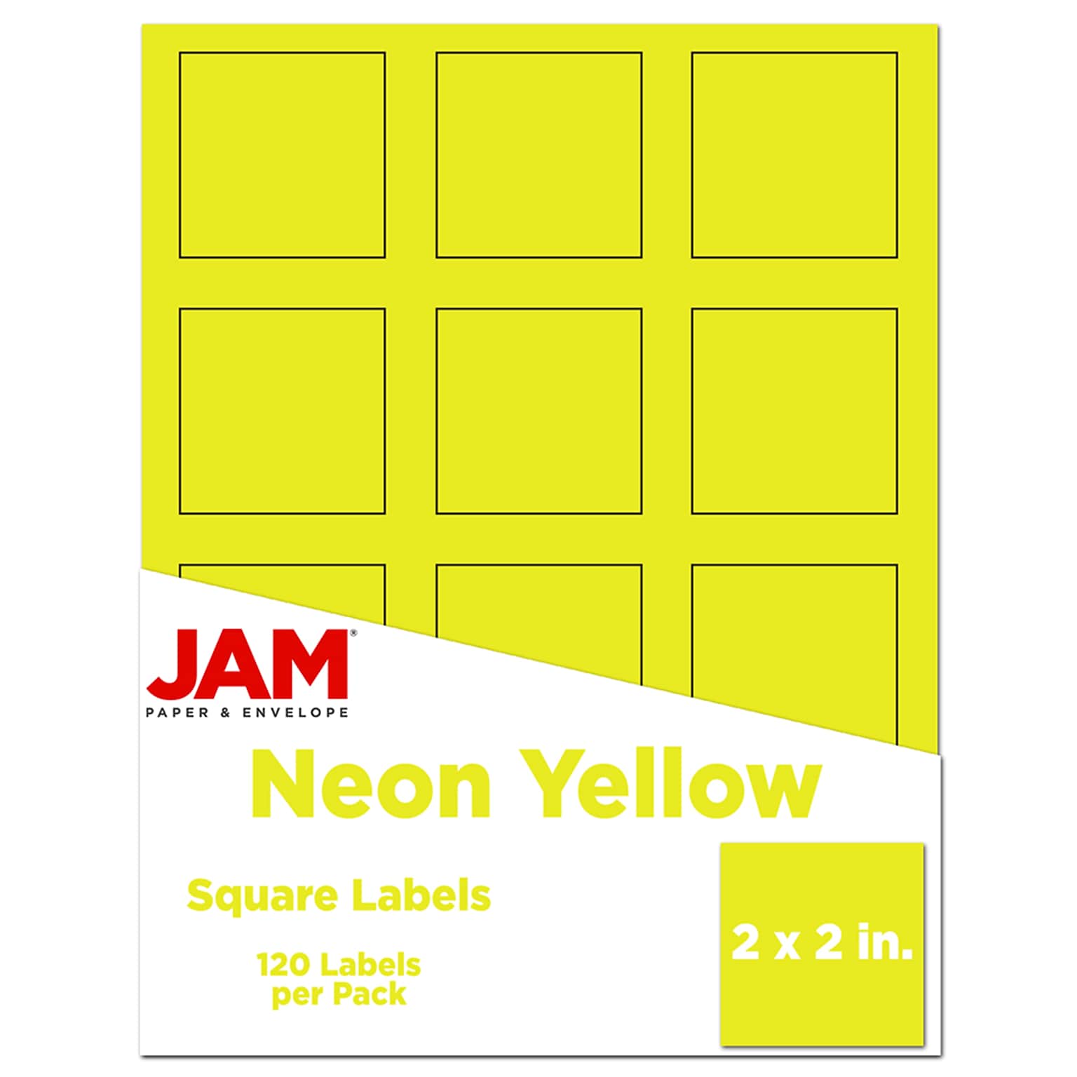 JAM Paper Square Labels, 2 x 2, Neon Yellow, 12 Labels/Sheet, 10 Sheets/Pack (367831073)