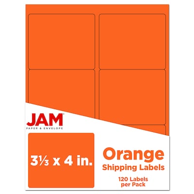 JAM Paper Laser/Inkjet Address Label, 4 x 3 3/8, Orange, 6 Labels/Sheet, 12 Sheets/Pack (302725786