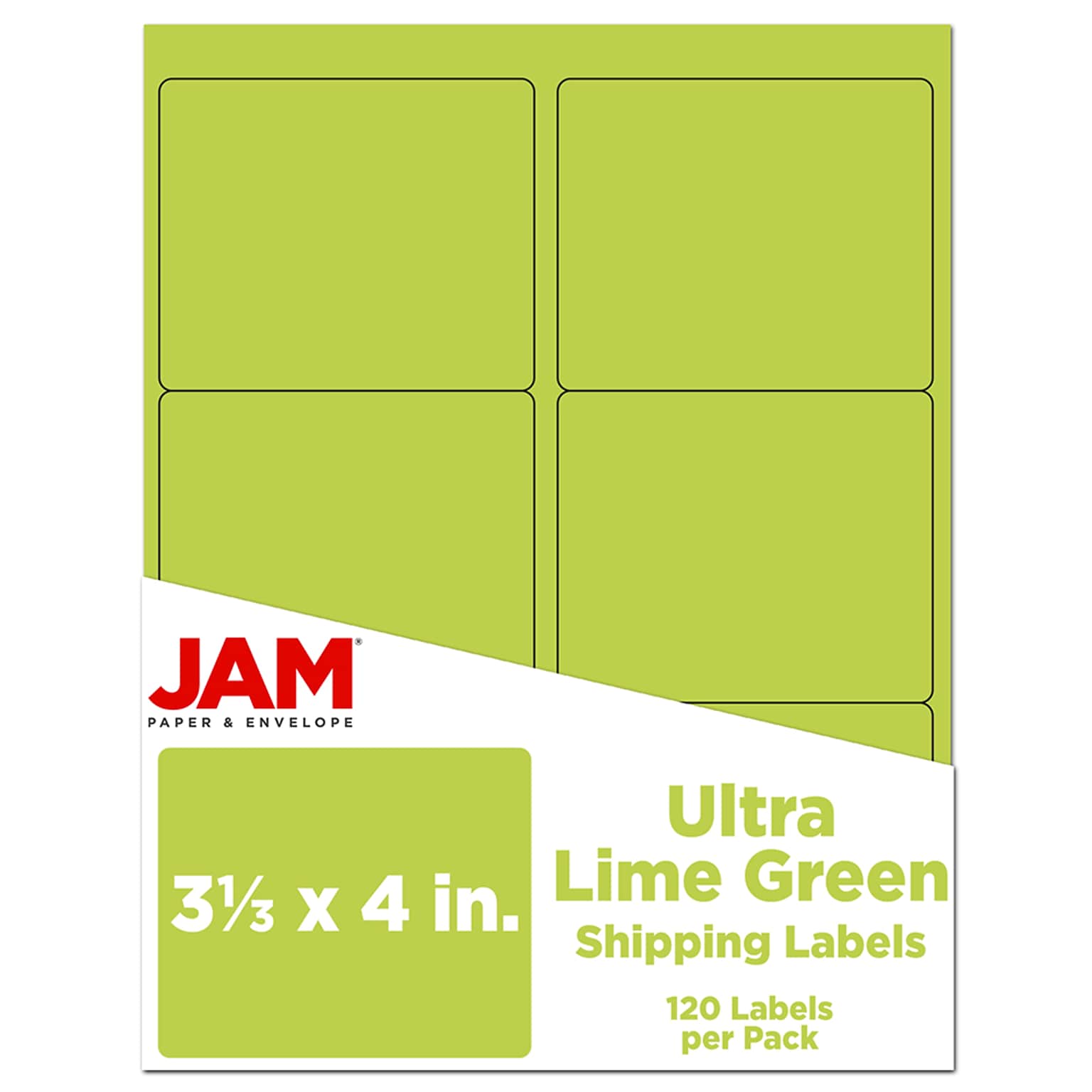 JAM Paper Laser/Inkjet Address Label, 4 x 3 3/8, Ultra Lime Green, 6 Labels/Sheet, 12 Sheets/Pack (302725780)