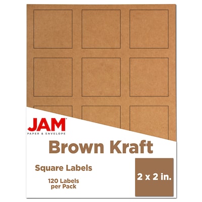 JAM Paper Square Labels, 2 x 2, Brown Kraft, 12 Labels/Sheet, 10 Sheets/Pack (367831070)