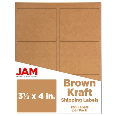 JAM Paper Shipping Labels, 3 1/3 x 4, Brown Kraft, 6 Labels/Sheet, 20 Sheets/Pack, 120 Labels/Box