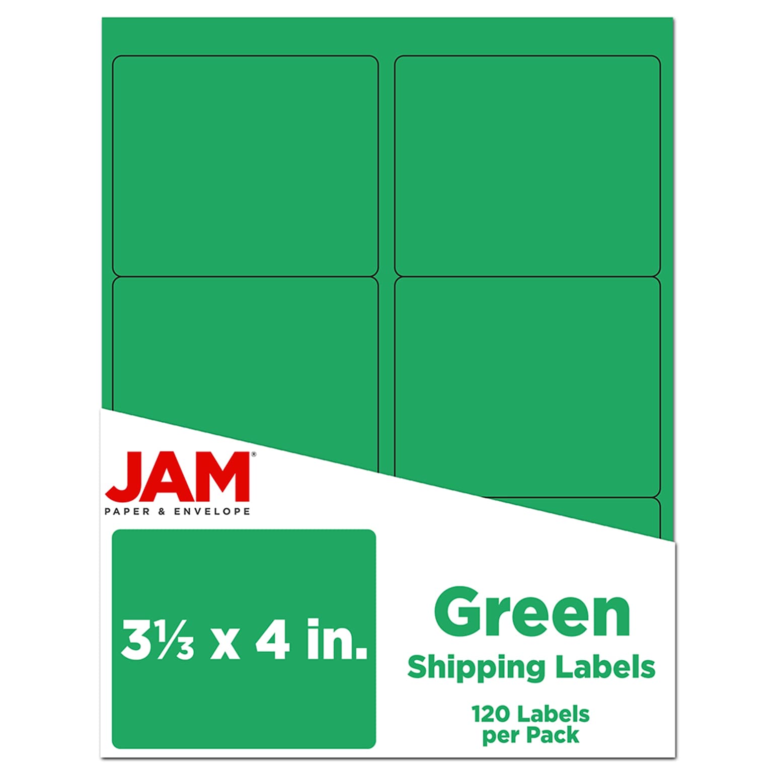 JAM Paper Laser/Inkjet Address Label, 4 x 3 3/8, Green, 6 Labels/Sheet, 12 Sheets/Pack (302725776)