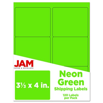 JAM Paper Shipping Labels, 3 1/3 x 4, Neon Green, 6 Labels/Sheet, 20 Sheets/Pack (354328037)