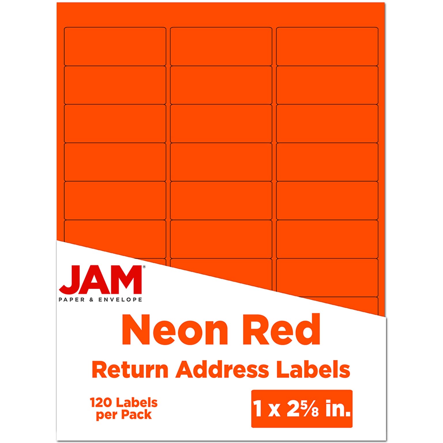 JAM Paper Laser/Inkjet Address Labels, 1 x 2 5/8, Neon Red, 30 Labels/Sheet, 4 Sheets/Pack (354328230)