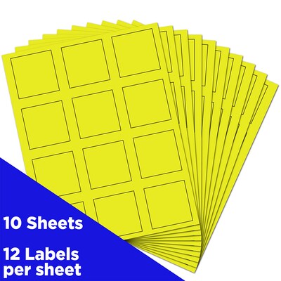 JAM Paper Square Labels, 2 x 2, Neon Yellow, 12 Labels/Sheet, 10 Sheets/Pack (367831073)