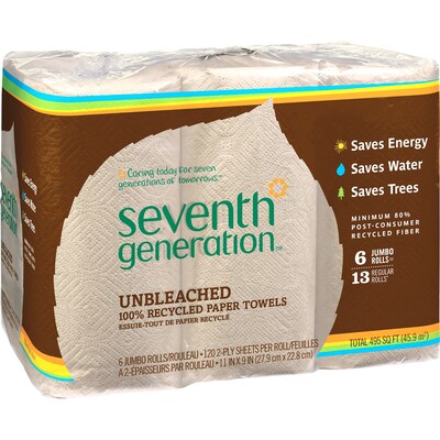 Seventh Generation Recycled Paper Towels, 2-ply, 120 Sheets/Roll, 6 Rolls/Pack (13737PK)