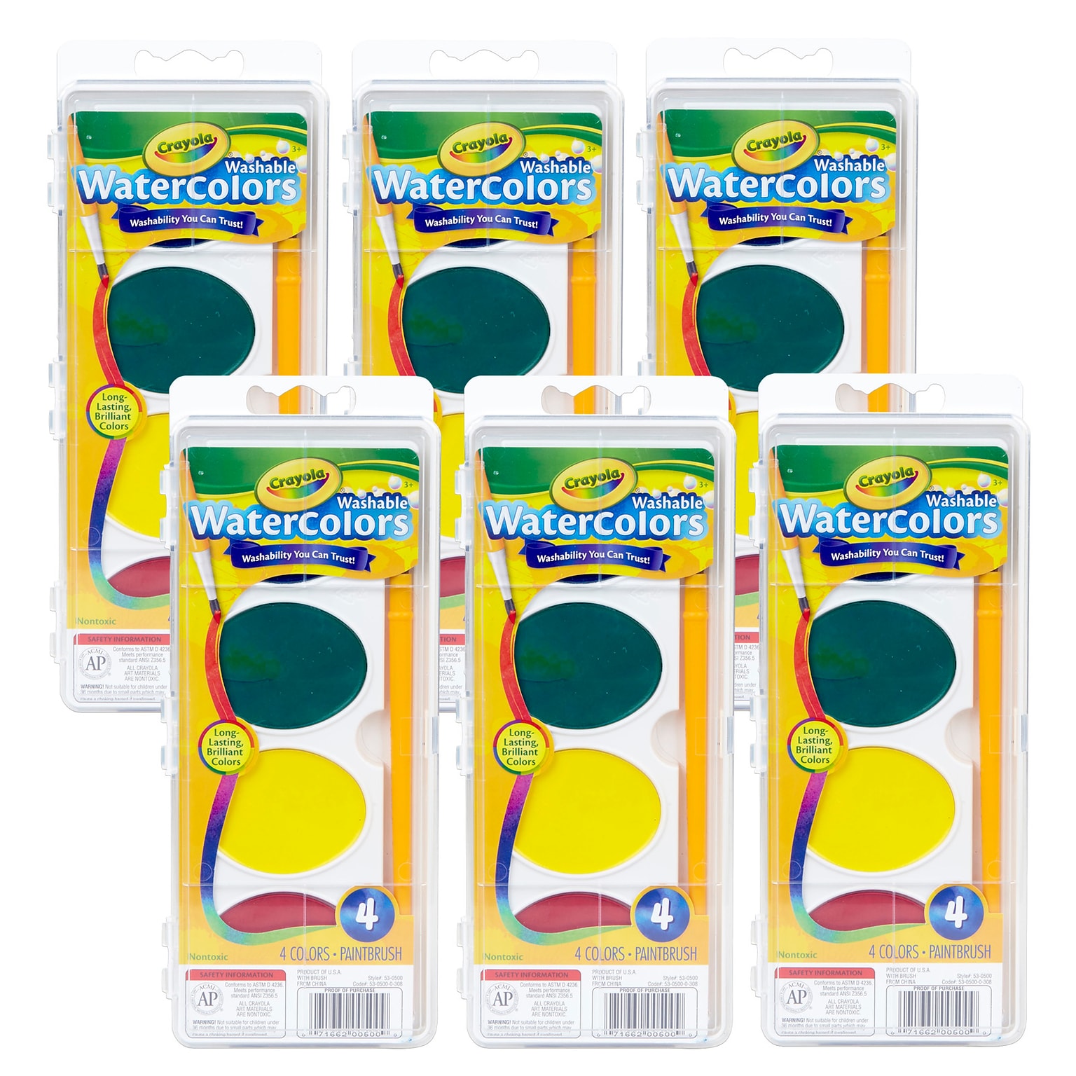 Crayola So-Big Washable Watercolor Paint Set, 4 Assorted Colors Per Tray, 6 Trays (BIN500-6)