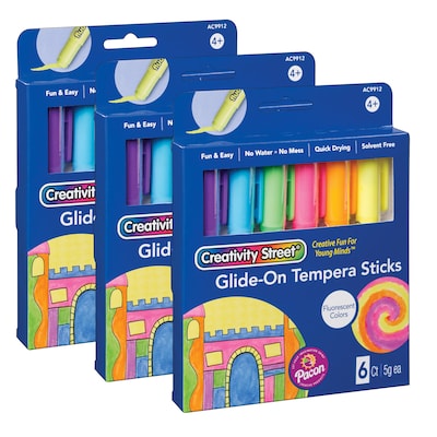 Creativity Street Glide-On Tempera Paint Sticks, Fluorescent Colors, 5 grams, 6 Per Pack, 3 Packs (P