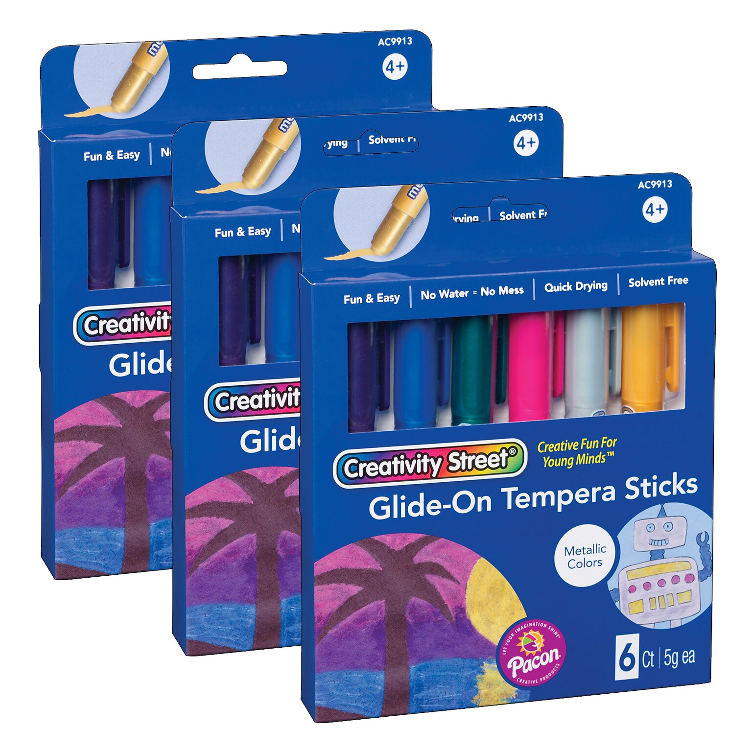 Creativity Street Glide-On Tempera Paint Sticks, Metallic Colors, 5 grams, 6 Per Pack, 3 Packs (PACAC9913-3)