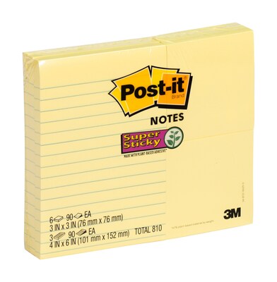 Post-it® Super Sticky Notes, Combo Pack, Canary Yellow, 90 Sheets/Pad, 9 Pads/Pack (4633-9SSCY)