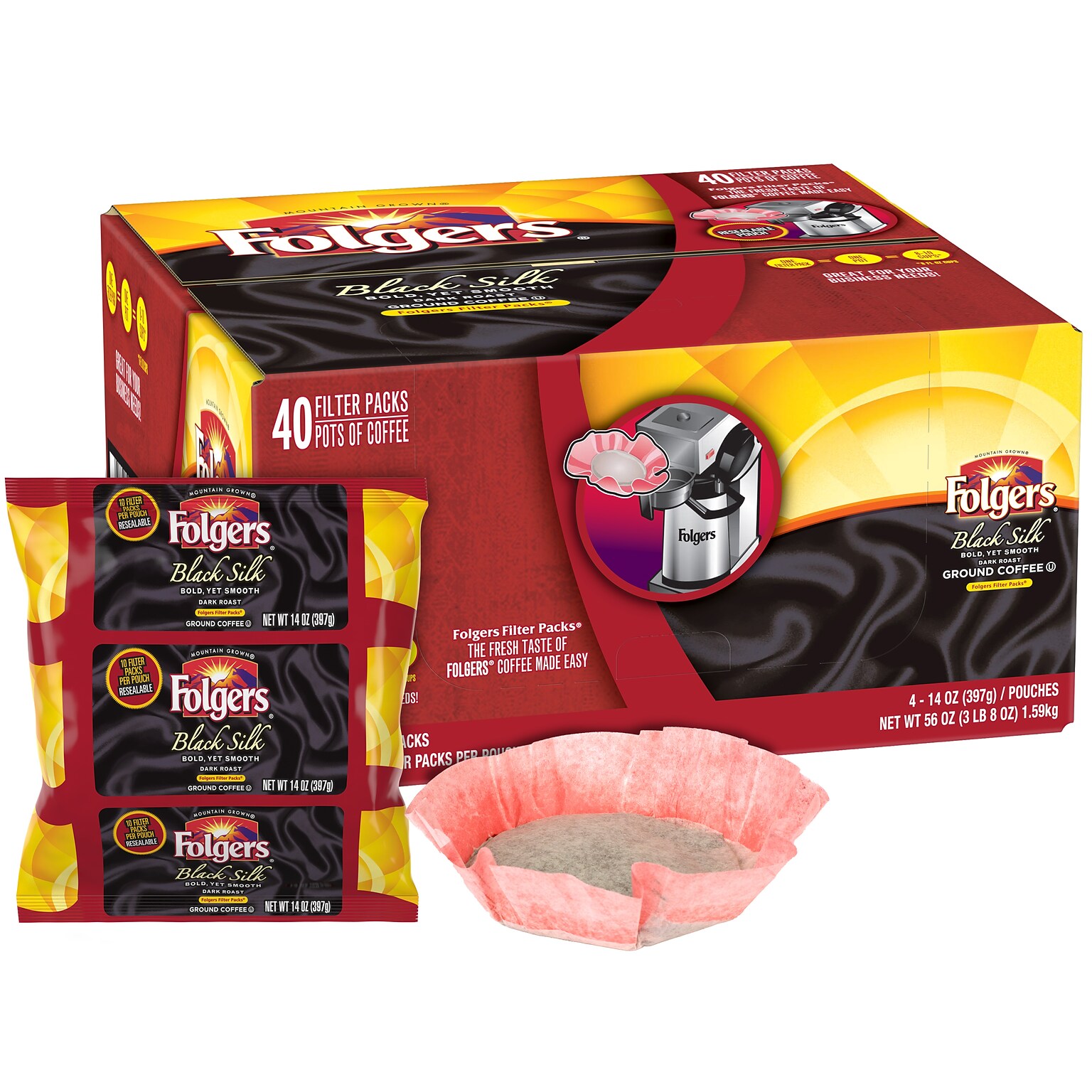 Folgers Black Silk Filter Packs Coffee, Dark Roast, 40/Carton (SMU00016)