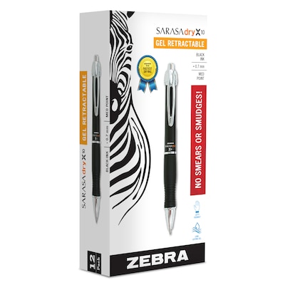 Zebra Sarasa Dry X10 Retractable Gel Pen, Medium Point, 0.7mm, Black Ink, Dozen (42610)