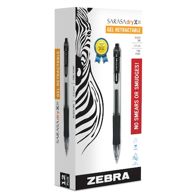 Zebra Sarasa Dry X20 Retractable Gel Pen, Fine Point, 0.5mm, Black Ink, Dozen (46710)