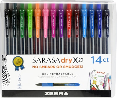 Zebra Sarasa Dry X20 Retractable Gel Pen, Medium Point, 0.7mm, Assorted Ink, 14 Pack (46824)