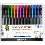 Zebra Sarasa Dry X20 Gel Retractable Pens, Medium Point, Assorted Ink, 14/Pack (46824)