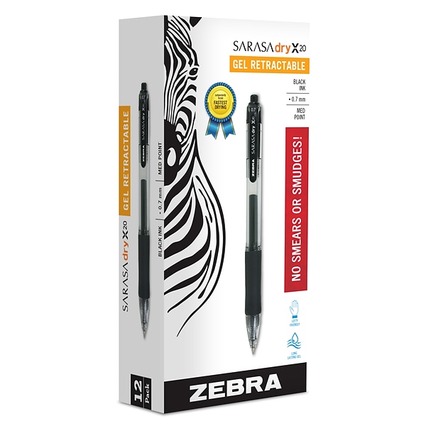 Zebra Sarasa Dry X20 Gel Retractable Pens, Medium Point, Black Ink, Dozen (46810)