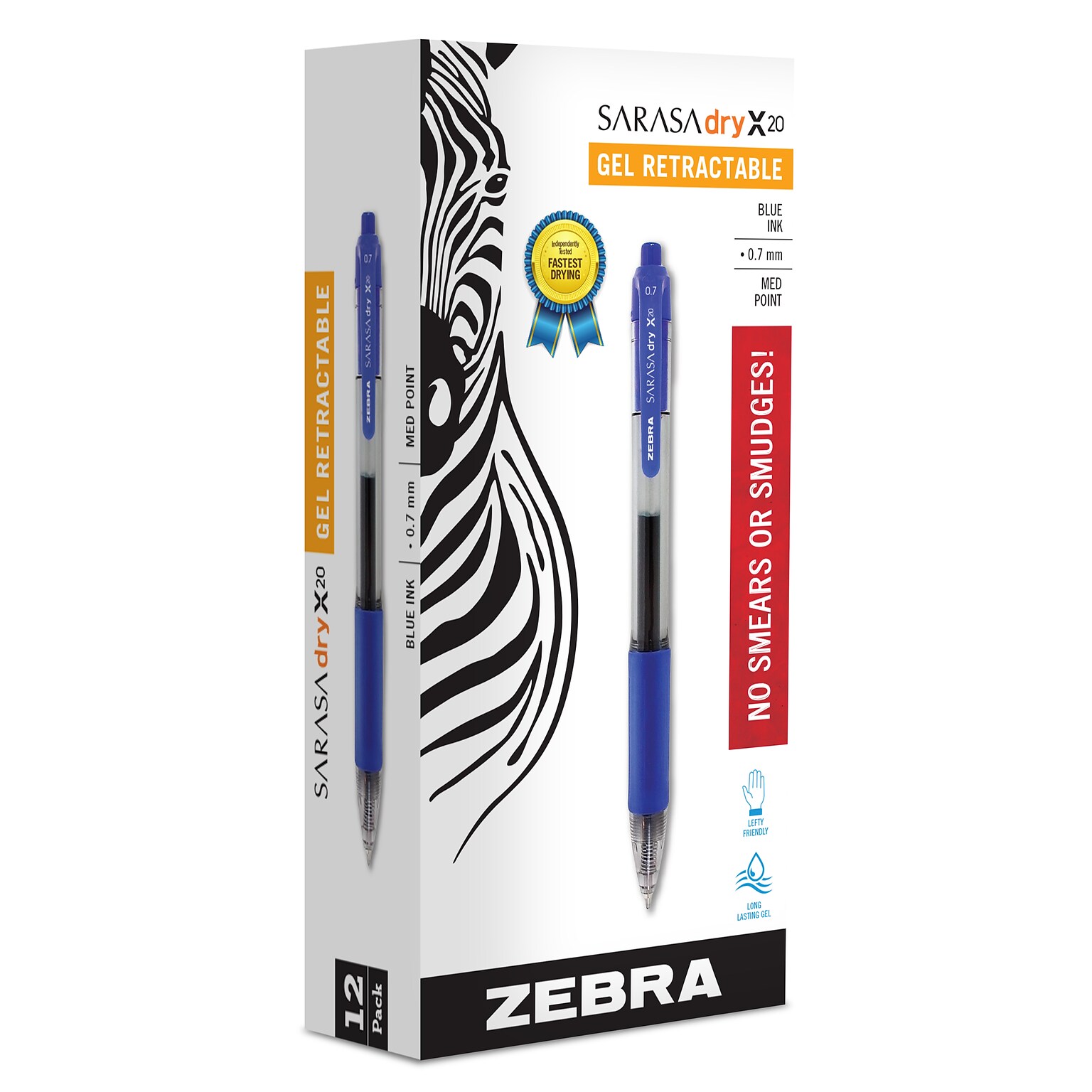 Zebra Sarasa Dry X20 Retractable Gel Pen, Medium Point, 0.7mm, Blue Ink, 12/Pack (46820)