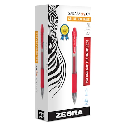 Zebra Sarasa Dry X20 Retractable Gel Pen, Medium Point, 0.7mm, Red Ink, Dozen (46830)