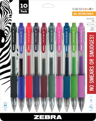 Zebra Sarasa Dry X20 Retractable Gel Pen, Medium Point, 0.7mm, Assorted Ink, 10 Pack (46881)