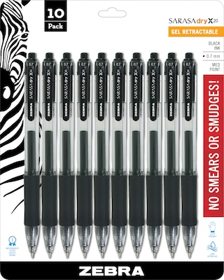 Zebra Sarasa Dry X20 Gel Retractable Pens, Medium Point, Black Ink, 10/Pack (46871)