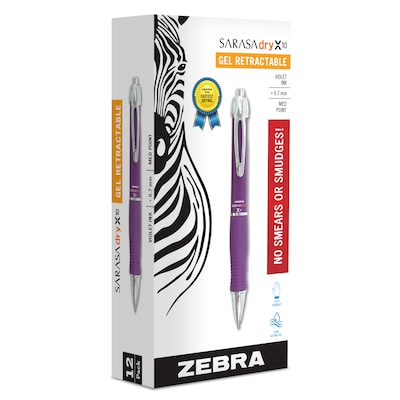 Zebra Sarasa Dry X10 Retractable Gel Pen, Medium Point, 0.7mm, Purple Ink, Dozen (42680)