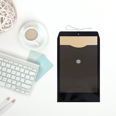 JAM Paper Plastic Envelopes with Button and String Tie Closure, Legal Open End, 9.75 x 14.5, Black, 108/Pack (119B1BLB)