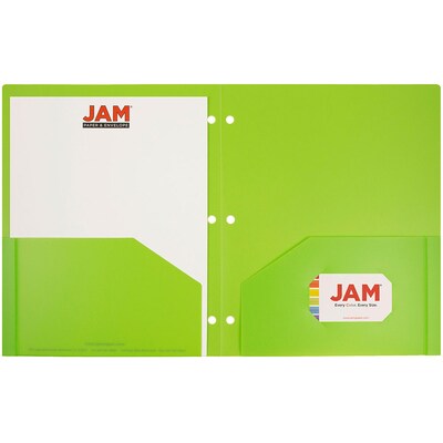 JAM Paper Heavy Duty 3 Hole Punch Two-Pocket Plastic Folders, Lime Green, 6/Pack (383HHPLID)