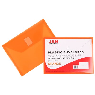 JAM Paper Plastic Envelopes with Hook & Loop Closure, Index Booklet, 5.5 x 7.5, Orange, 12/Pack (920V0OR)